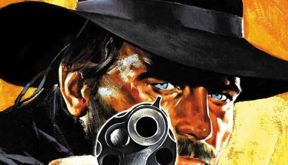 Painted image of a man wearing a black cowboy hat, pointing a revolver directly at the viewer. He has intense blue eyes and a rugged, determined expression. The background is a vivid yellow-orange, giving the image a dramatic, Western-style feel.