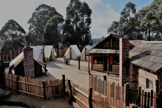 Outdoor historical village scene with wooden buildings and white canvas tents, enclosed by a wooden fence, with tall trees in the background. This image depicts the Chinese Village in Ballarat
