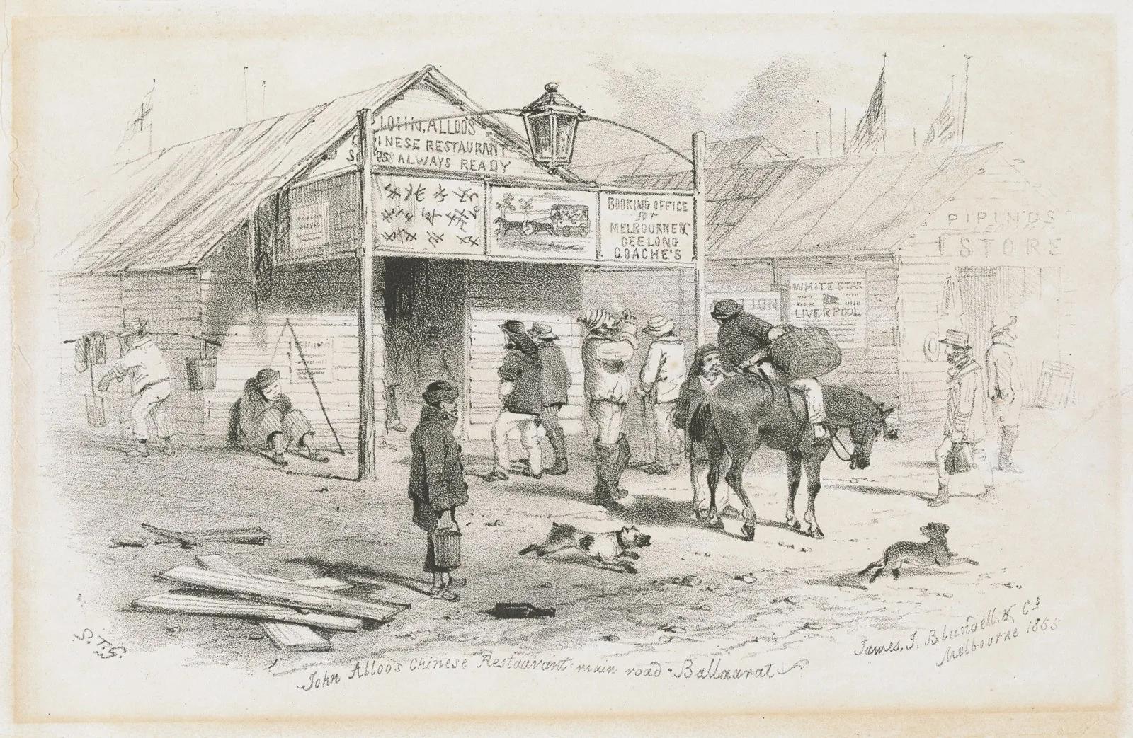An illustration depicting a bustling street scene with a building labeled "John Alloo's These Restaurant is Always Ready." The building appears to be a simple, wooden structure with signs in both English and Chinese characters.  People are gathered in front, some on foot and one on horseback, suggesting a busy commercial area.