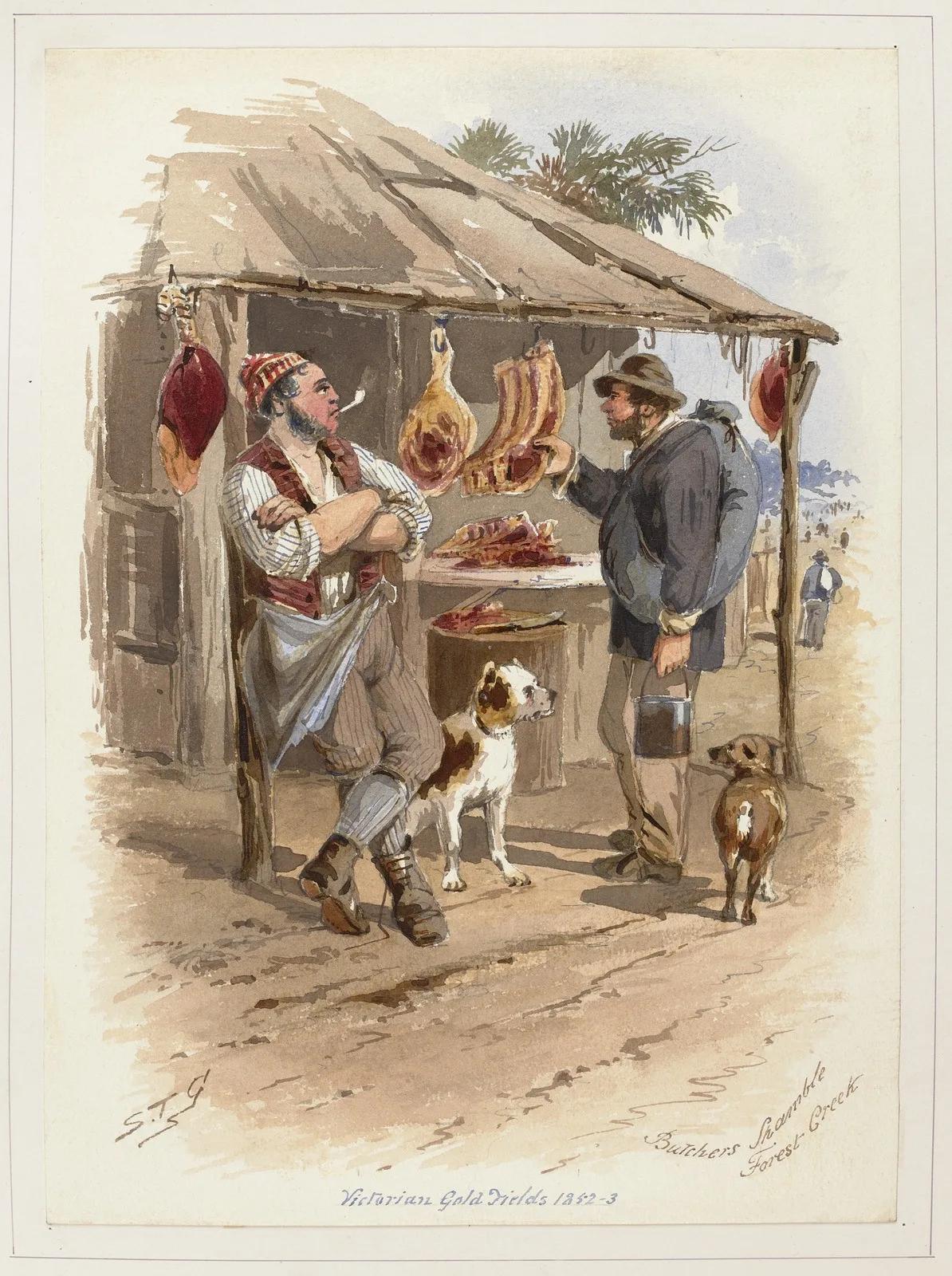 19th-century painting of a butcher’s stall on the Victorian goldfields with hanging meats, digger, and dog, from Australia’s most visited outdoor museum and heritage attraction.