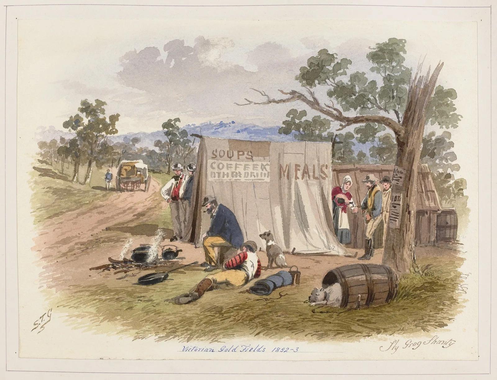 19th-century painting of a goldfields soup and meal tent with diggers resting outside, from Australia’s most visited outdoor museum and heritage attraction.