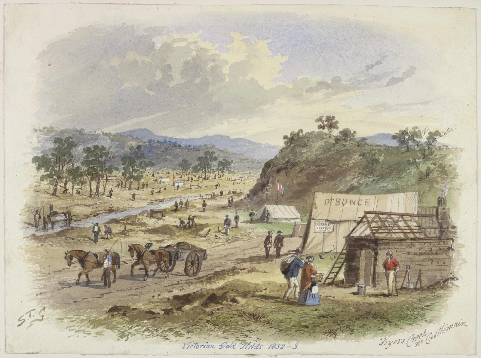 19th-century painting of a Victorian goldfields township with miners, horses, tents, and supply stores, from Australia’s most visited outdoor museum and heritage attraction.