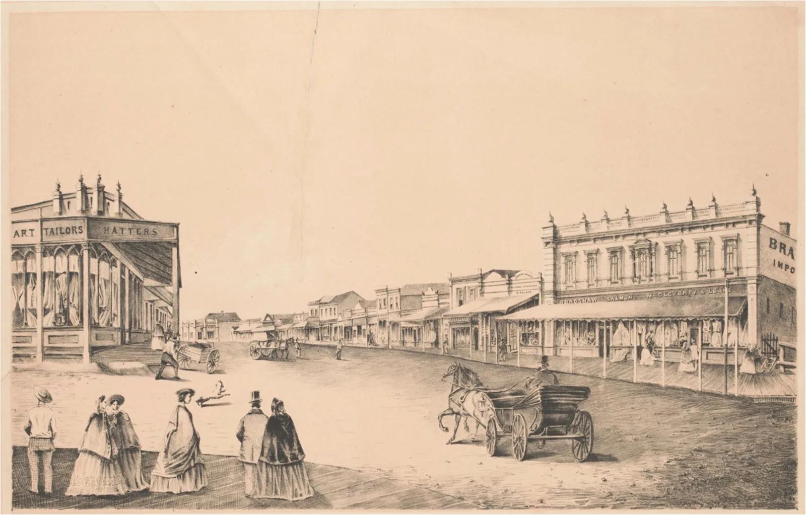 A sepia-toned historical lithograph titled Main Road, Ballarat (commonly known as Main Road Cogné) depicts a vibrant 1850s gold rush street scene: pedestrians in period attire stroll past shops including Art Tailors & Hatters and Bradshaw Salmon – Mc Cleverty & Leake, while horse-drawn carriages traverse the dirt road. This iconic artwork, preserved and interpreted at Sovereign Hill, offers an authentic glimpse into Ballarat’s historic Main Road.