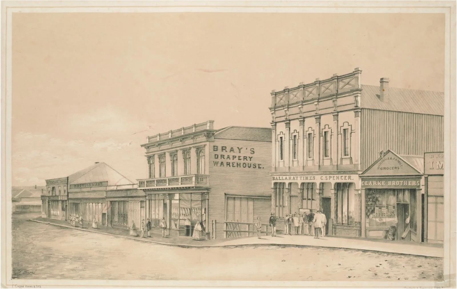 A detailed 19th-century lithograph by F. Cogné, titled Main Road, Ballarat (often referenced as Main Road Cogné 2), depicts a bustling gold rush-era street scene with historic storefronts including Bray’s Drapery Warehouse, Clarke Brothers Grocers, and Ballarat Times – C. Spencer. Pedestrians in period dress animate the thoroughfare, a key visual reference preserved and interpreted at Sovereign Hill to recreate authentic 1850s Ballarat.