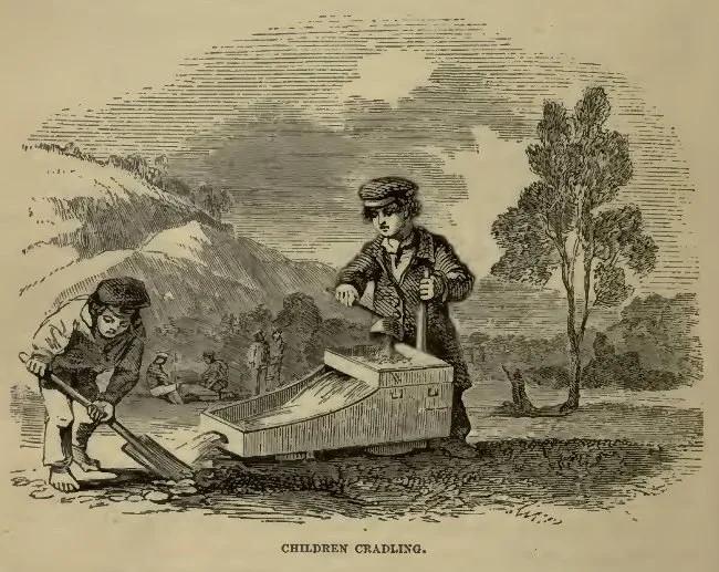 A vintage engraving titled Children Cradling shows two young boys panning for gold with a cradle in a riverside setting, capturing the role of children during the Victorian gold rush. This historic scene is brought to life through educational exhibits at Sovereign Hill.