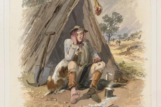19th-century artwork of a goldfields digger resting by a canvas tent with tools and provisions, from Australia’s most visited outdoor museum and heritage attraction.