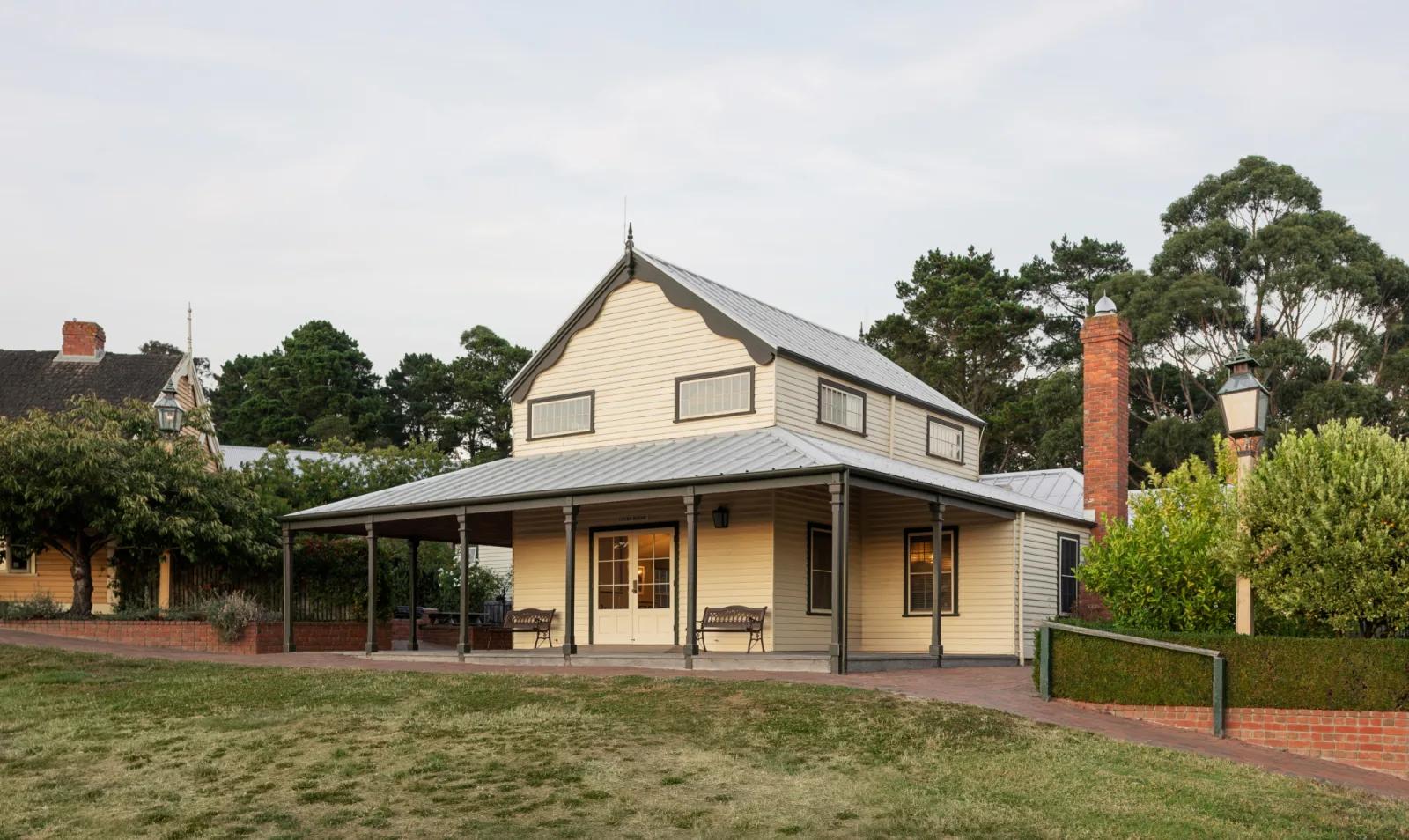 A two-story building with a distinctive architectural style representing Sovereign Hill Hotel Court house