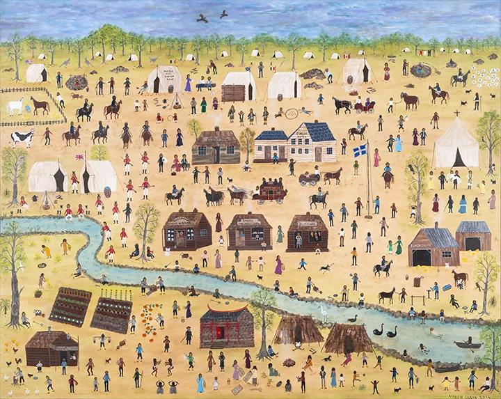A folk art style painting depicting a bird's-eye view of a village or settlement with small figures of people, horses, tents, and houses scattered across a tan landscape, with a winding blue river and green trees in the background.