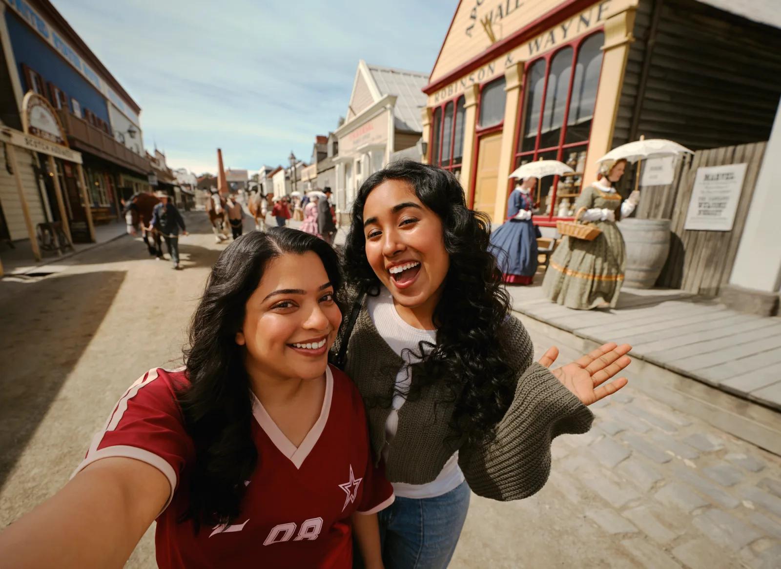 Two cheerful visitors capture a selfie on the cobblestone streets of Sovereign Hill, surrounded by historic gold rush-era buildings and costumed characters, embodying the fun, immersive experience that makes Sovereign Hill a vibrant destination for exploration and discovery.