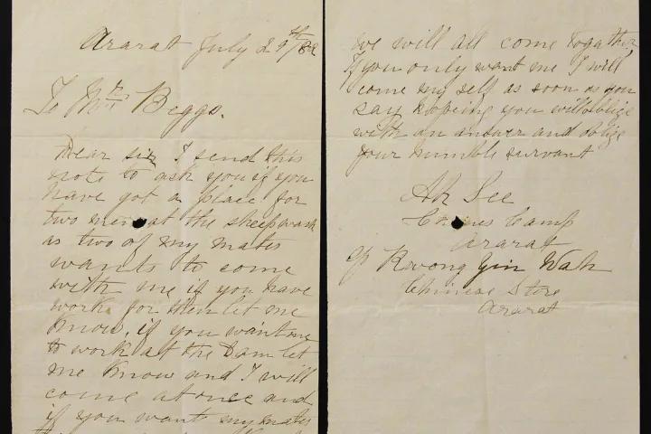 Handwritten 1880 letter from the Beggs collection, displayed across two aged paper pages at Sovereign Hill.
