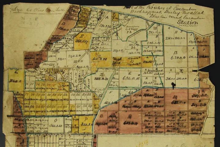 Hand-drawn historical land map from the Beggs family collection showing numbered allotments, property boundaries and coloured survey sections near Eurambeen Station.