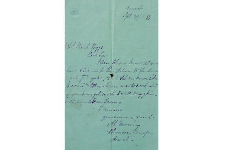 Handwritten 1881 letter from the Beggs family collection on folded blue paper, preserved by Sovereign Hill.