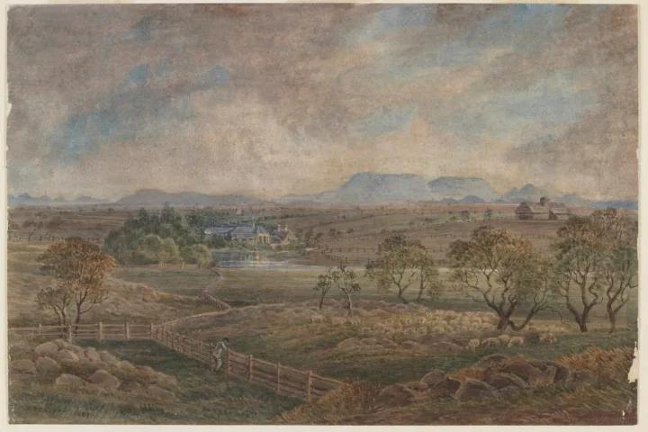 Historic landscape painting of Beaufort showing fenced farmland, grazing sheep, scattered buildings and distant mountains beneath a cloudy sky.