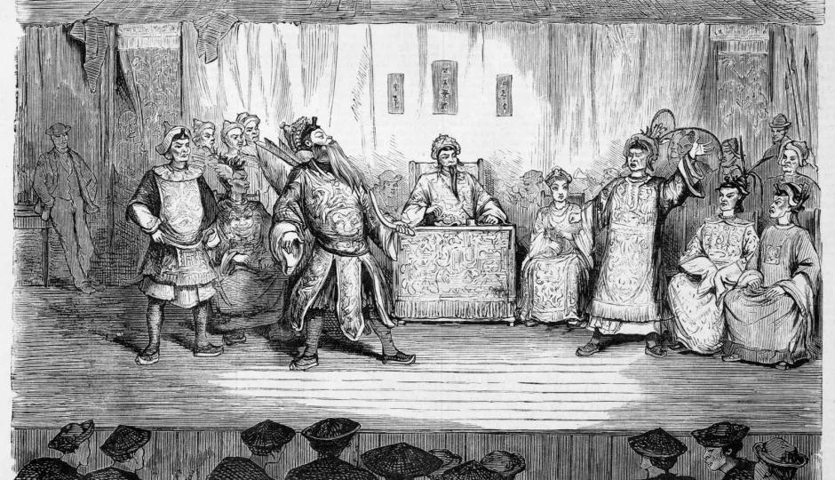 Black and white illustration depicting a theatrical performance from the 19th century, showcasing period costumes and stage design.